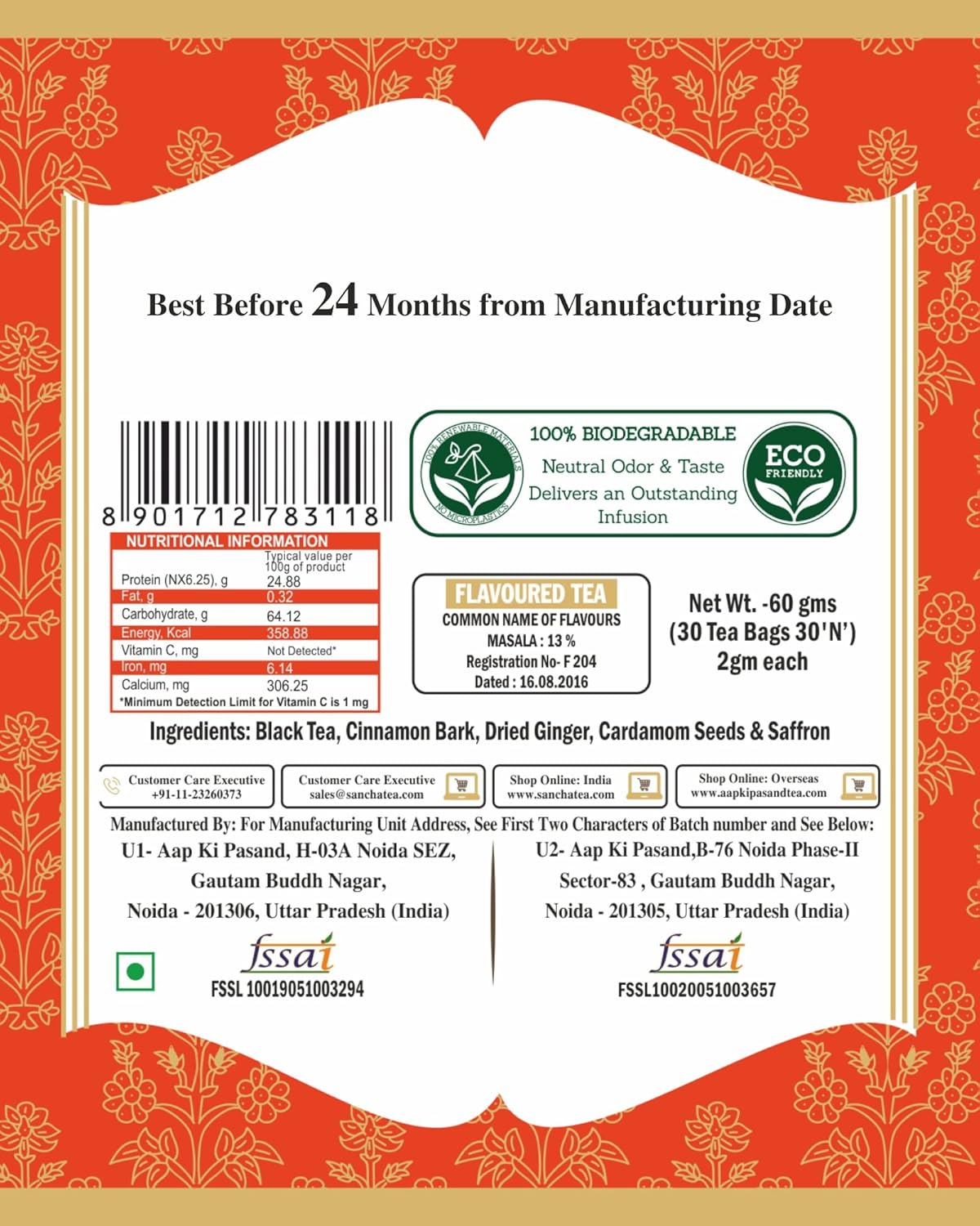 San-Cha Tea Boutique Royal Saffron Masala Chai - 60gm, 2.1 Ounce, 30 Silky Pyramid Tea Bags | Blend Of Real Kashmir Saffron With Cardamom - Ginger & Cinnamon Kesar Chai | Medium Caffeine