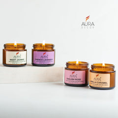 ENGLISH ROSE,VANILLA CARAMEL, NIGHT JASMINE,FRENCH LAVENDER JAR CANDLES SET OF 4