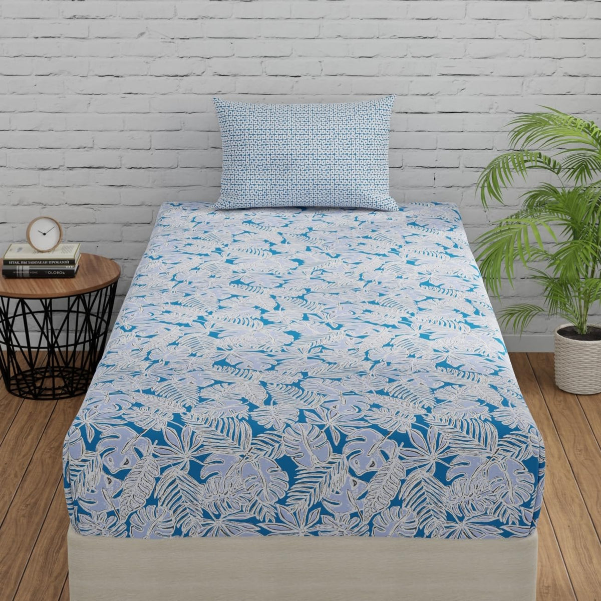 Blue & White Single Size Bedsheet With 1 Pillow Covers - 55 X 88 Inches | Cotton Bed Sheets Are Easy To Wash And Maintain At Home