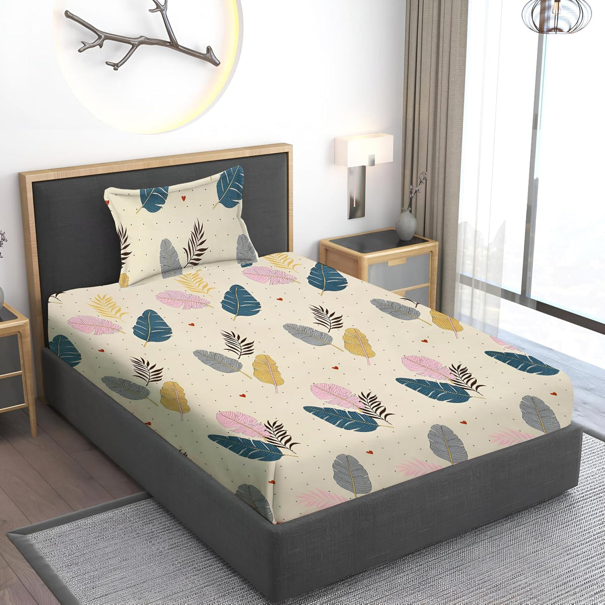 Printed Single Bedsheet Size With 1 Pillow Cover - 60 X 90 Inches, Cream & Pink | Cotton Wrinkle Free Soft, Breathable | Durable & Long-Lasting