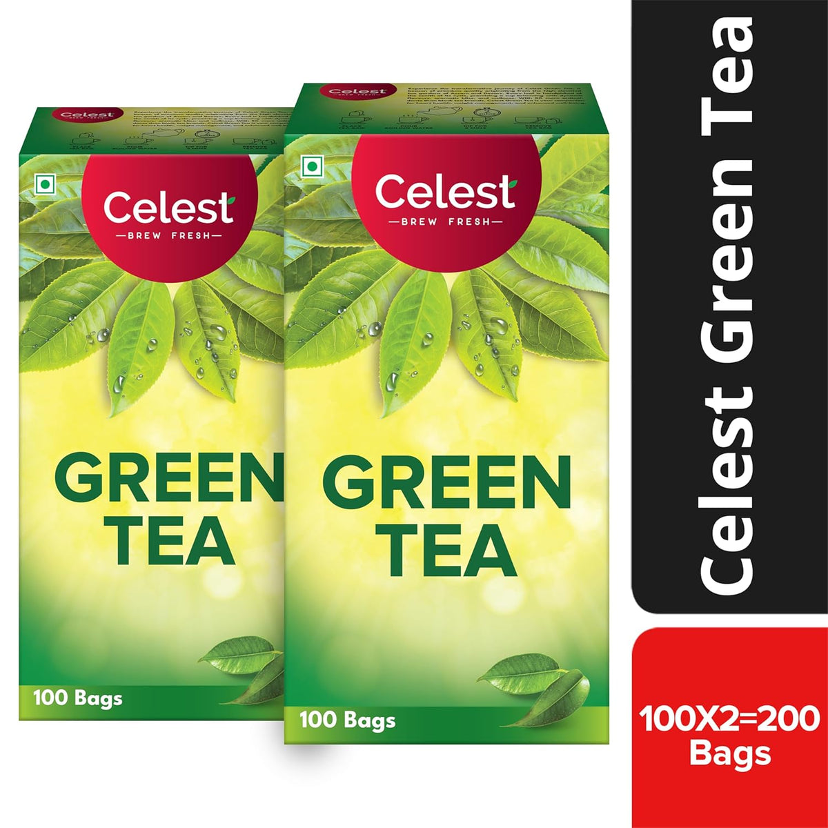 Celest Green Tea Bags - Pack Of 2 X 100 Enveloped Tea Bags | Helps Boost Metabolism, Zero Calories, Manage Waistline - Green Tea For Weight Loss