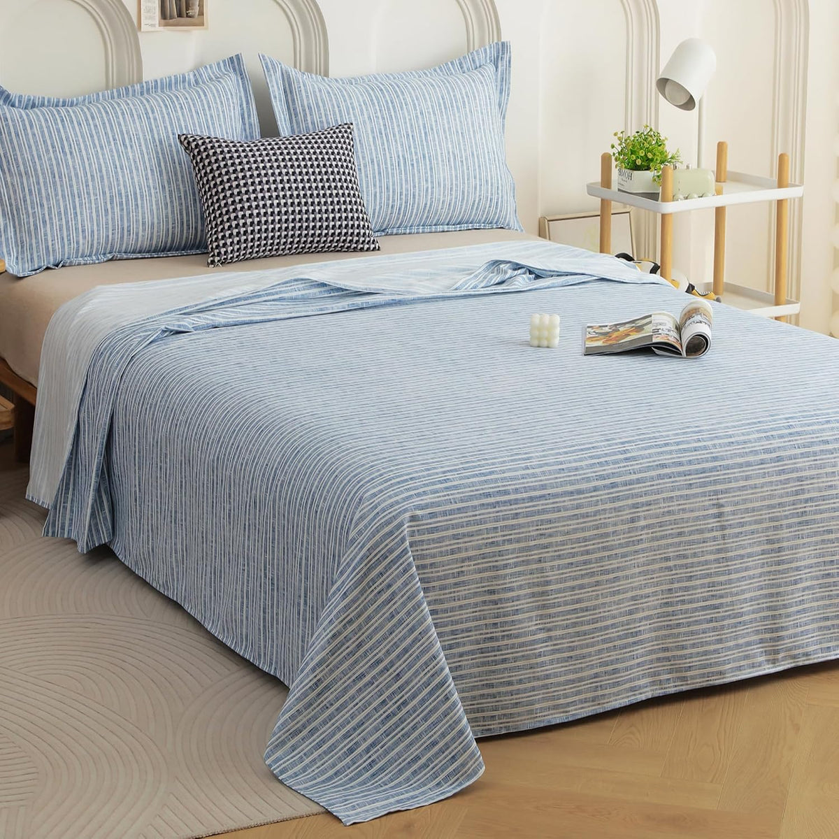 King Size Bedsheet With 2 Pillow Covers - 98 X 106 Inches, Blue & White | Summer Breathable & Wrinkle Free | Bedsheet Long Lasting & Soft To Touch