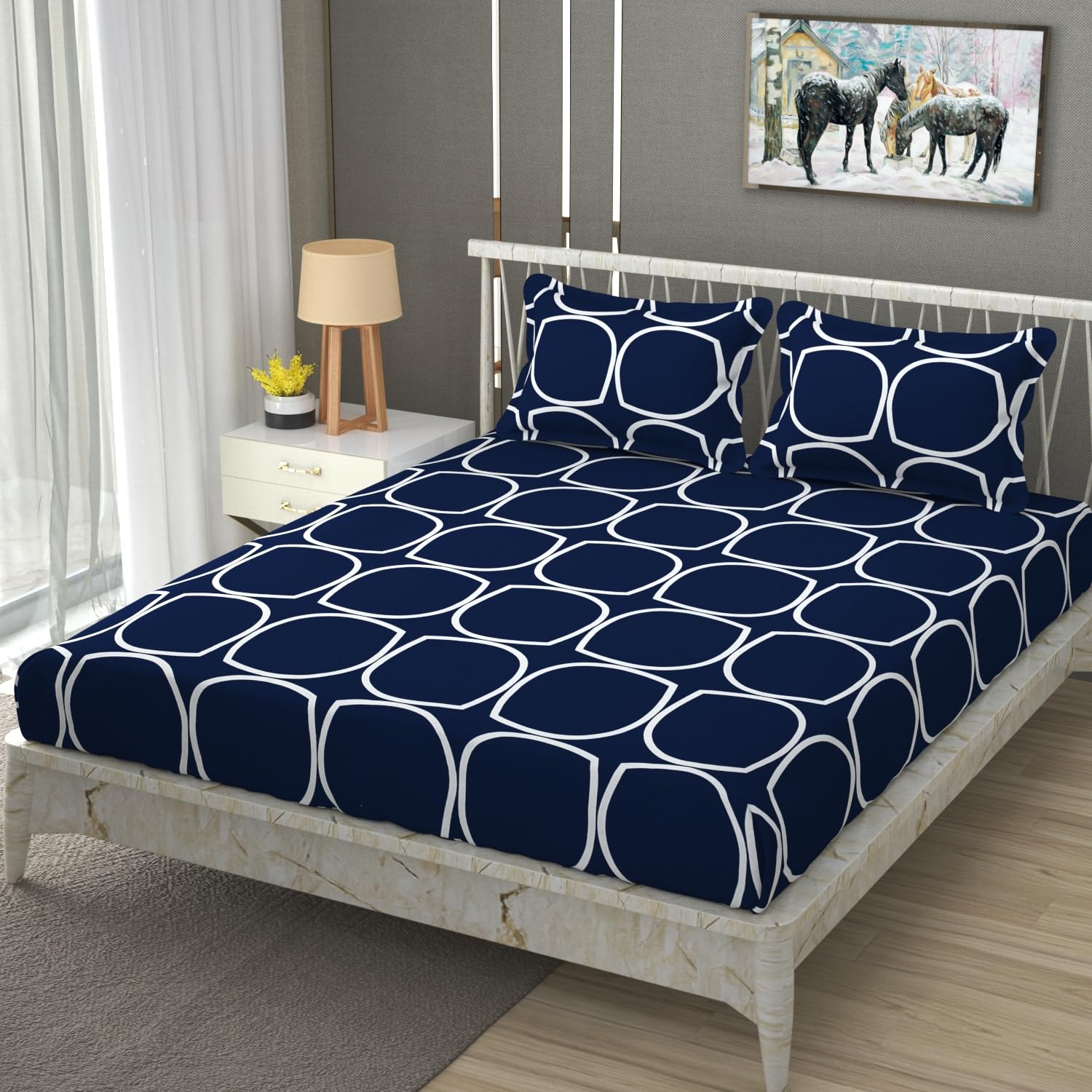 Cotton Elastic Fitted Bedsheets With 2 King Size Pillow Covers - 72 X 78 X 10 Inches, Dark Blue | Double Bed With All Around Elastic 350 Thread Count