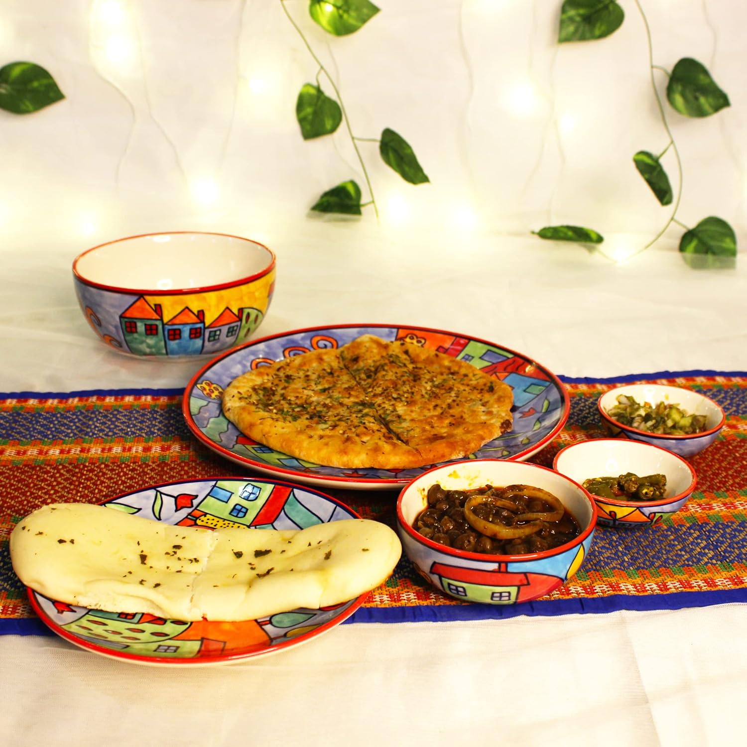 Exotic Panorama Hand Painted Ceramic Dinner Set - 3 Pieces, Multicolor | 1 Dinner Plate + 2 Katori Bowls, 180ml Each Dinnerware Set | Serving For 1, Microwave Safe & Dishwasher Safe