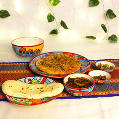 Exotic Panorama Hand Painted Ceramic Dinner Set - 3 Pieces, Multicolor | 1 Dinner Plate + 2 Katori Bowls, 180ml Each Dinnerware Set | Serving For 1, Microwave Safe & Dishwasher Safe