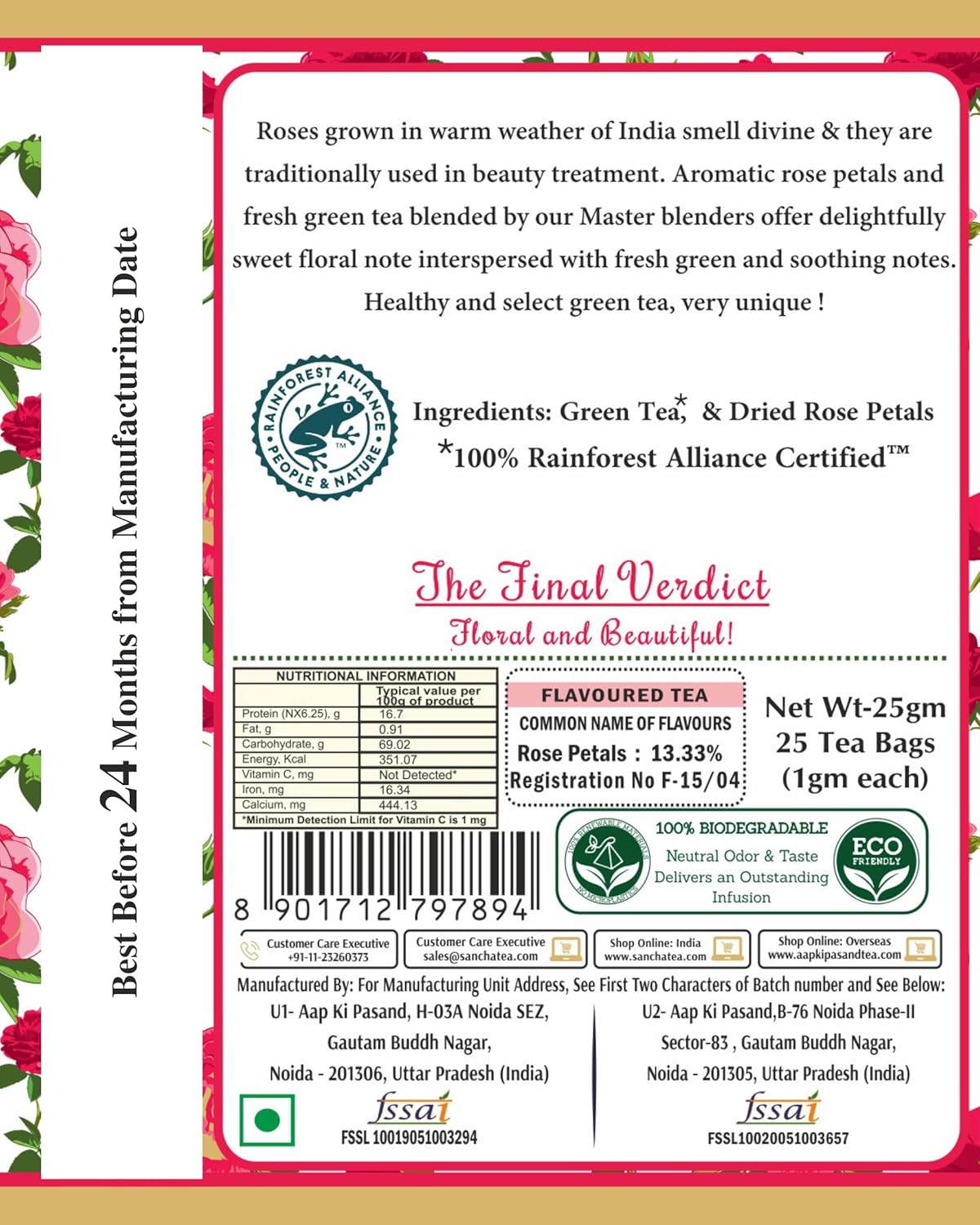 San-Cha Wild Rose Green Tea - 25 Biodegradable Tea Bags | Floral & Beautiful Detox Tea - Environment Friendly & Made In Corn Fiber | Low Caffeine