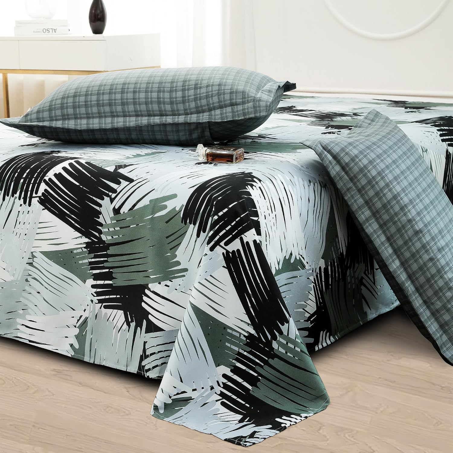 Bedsheets For Double Bed With 2 Pillow Cover - 92 X 98 Inches, Army Green & Grey | Satin Finish Microfiber Queen Size Bedsheet | Skin Friendly & Breathable Fabric