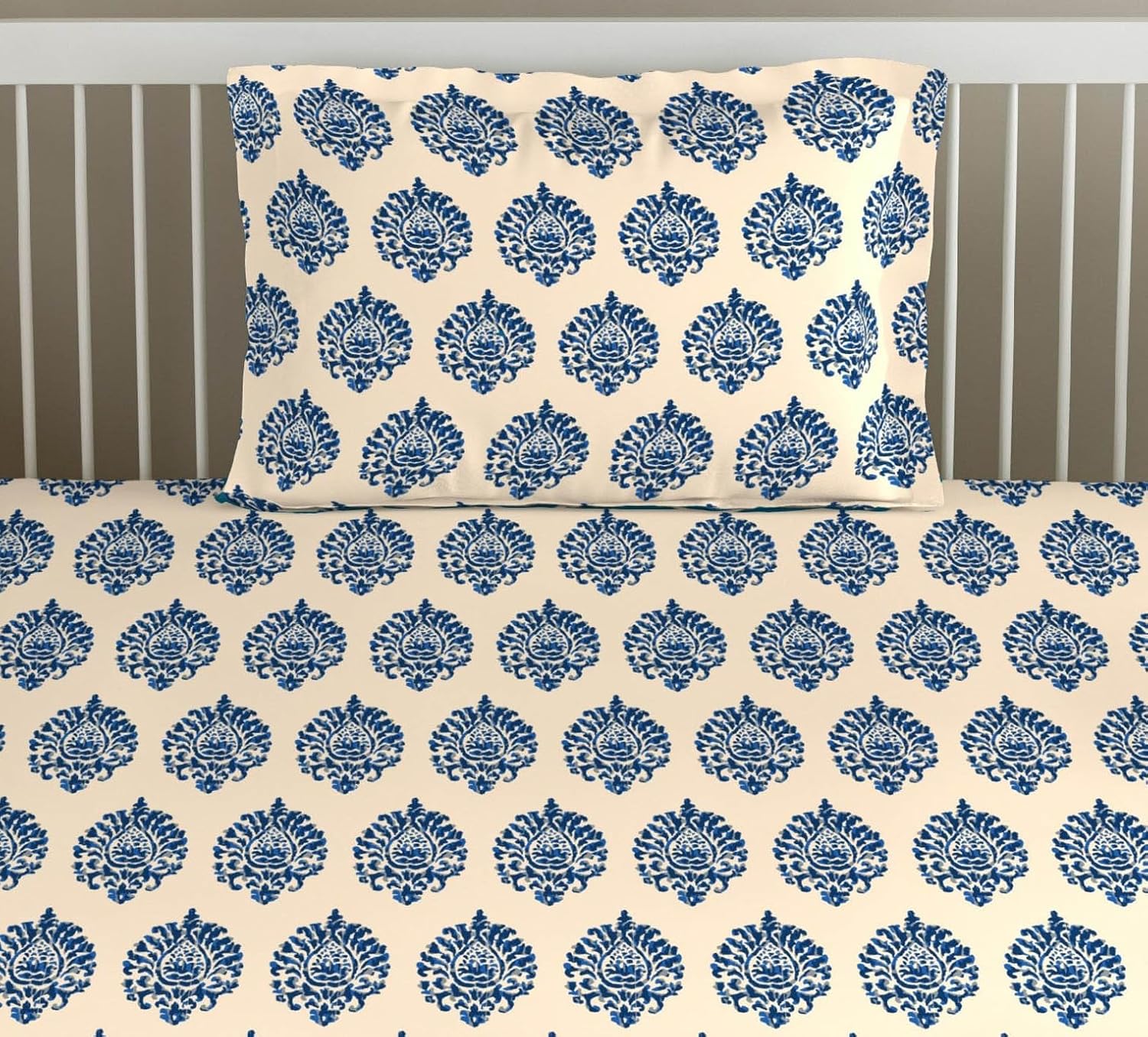 Cotton Printed Single Flat Bedsheet With 1 Pillow Cover - 60 X 100 Inches, Cream & Deep Sea Blue | Breathable & Skin Friendly Bedsheet | Ideal For Year Round Use