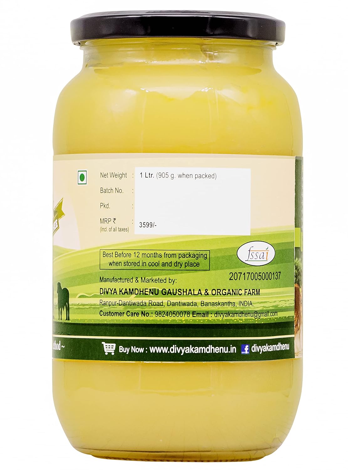 Natural A2 Desi Gir Cow Ghee By Divya Kamdhenu | Healthy & Delicious Nutrients Lab Certified Desi Ghee Good For Body Health | (1 Litr) 33.8 Ounce | Jar Pack