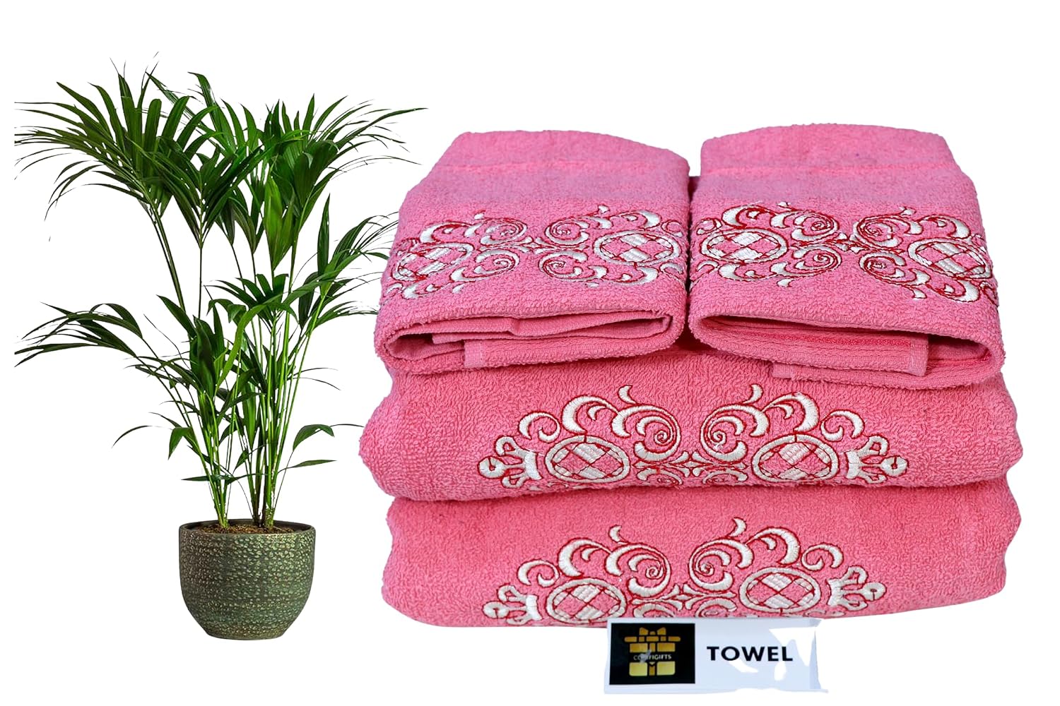 Comfigifts 100% Cotton 2 Bath & 2 Hand Towels 1400 Gsm | Soft, Absorbent, Lightweight Towels With Computerized Embroidery (Pink D2)
