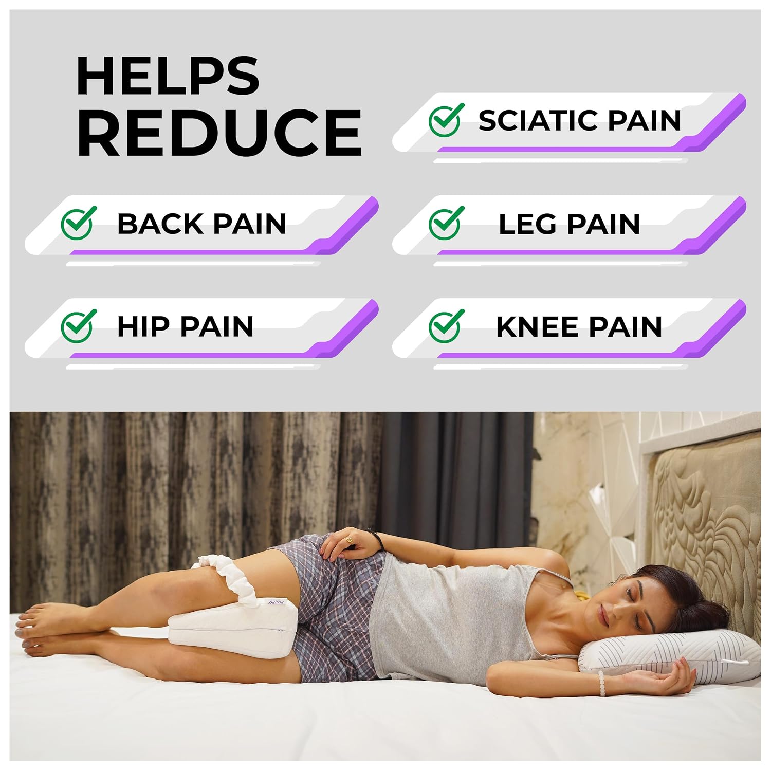Memory Foam Knee Pillow For Sleeping, Leg Pillow For Pregnancy - White | For Back Pain, Side Sleepers, Sciatica & Knee Pain Relief | Knock Knee Pillow For Leg Support, Zipper Velvet Cover