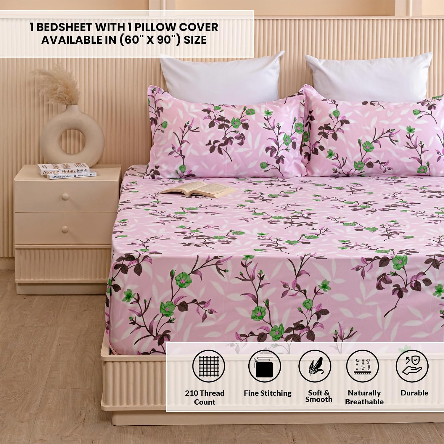 Luxurious Printed Flat Bedsheets With 1 Pillow Cover - 60 X 90 Inches, Lavender & Pink | Breathable & Wrinkle Free | Soft & Durable