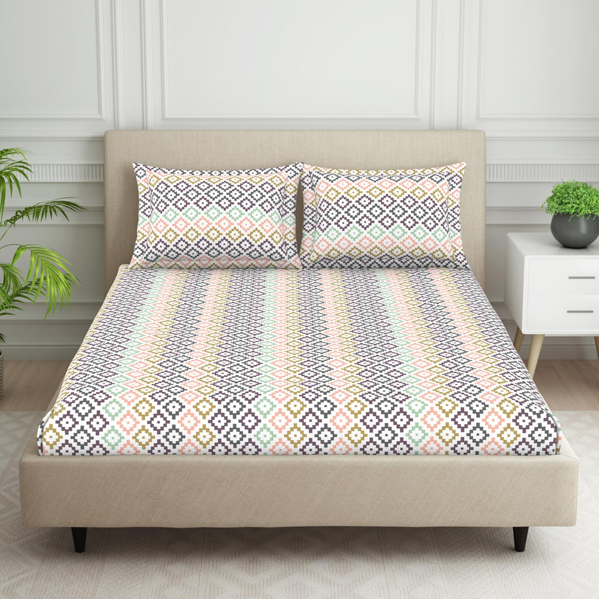 Double Bedsheet For Queen Size 2 Matching Pillow Cover - 88 X 100 Inches, Multicolor | Durable & Long Lasting Wrinkle Resistant Fabric - Skin Safe & Super Soft