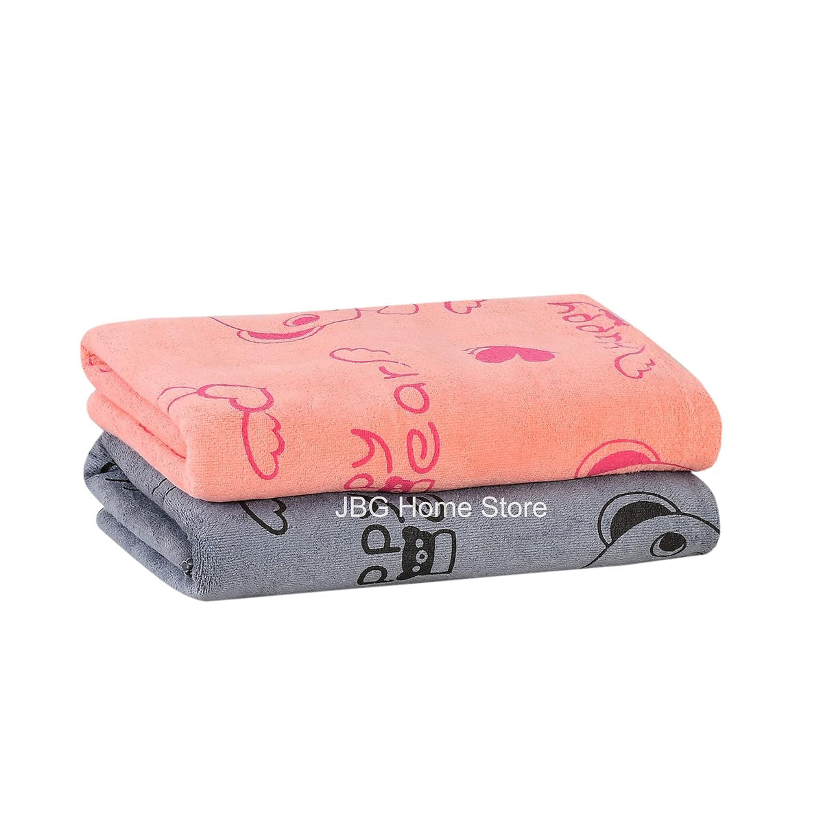 Jbg Home Store Kids Bath Towel 500 Gsm | Premium Microfiber Quick Drying Towels For Babies, Cartoon Print Wash Dry Cloth Towel (Peach & Grey Bear) - 2 Pcs
