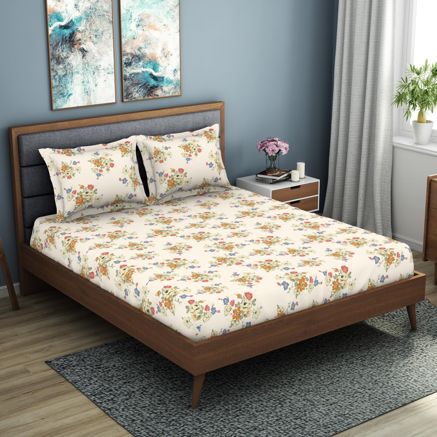 King Size 1 Double Bedsheet With 2 Pillow Covers - Size 108 X 108 Inches, Multicolor | Soft Feel Wrinkle Resistance | Durability & Comfort, Breathable
