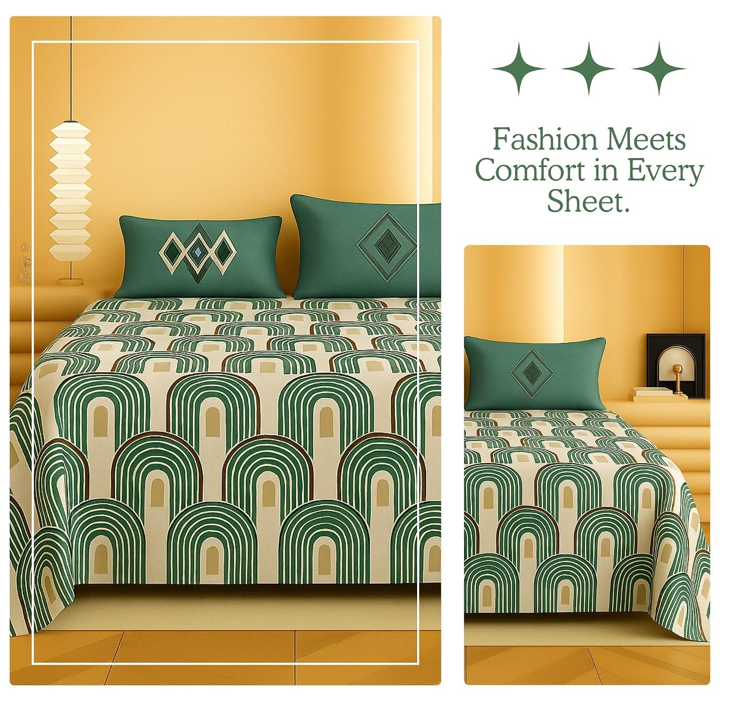 1 Double Bedsheet With Two Pillow Covers - 90 X 94 Inches, Green & Ivory | 300 Thread Count Super Soft Bed Sheet For King Size Bed