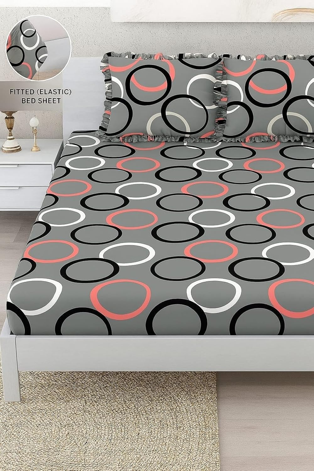 Premium Heavy King Size Bedsheet With 2 Frill Pillow Covers | 72 X 78 Inches, Grey & Black | Double Bed, All-Around Elastic Fitted | Luxurious Comfort & Durability