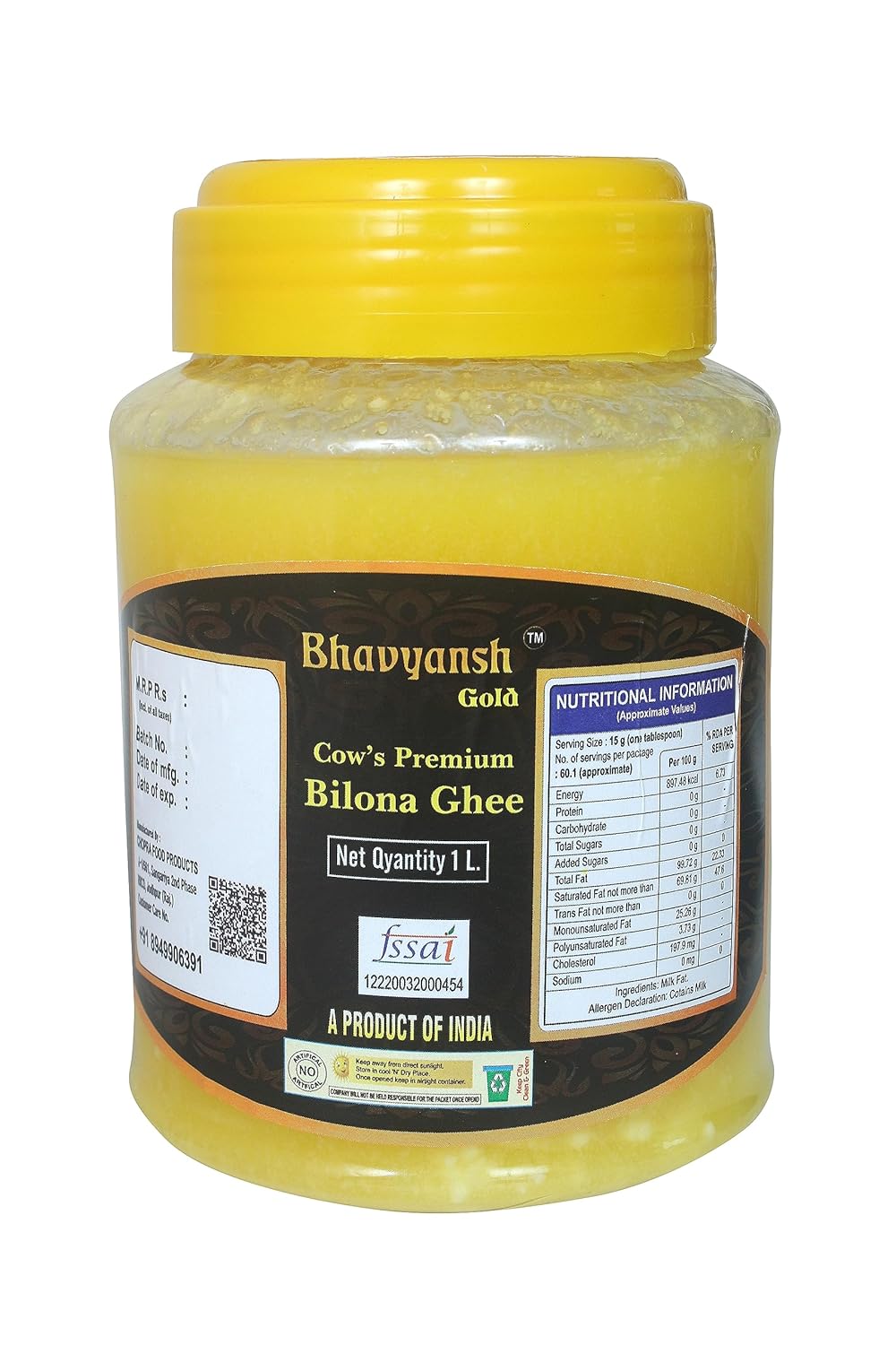 Premium Gold Cow Ghee By Bhavyansh | Healthy & Pure Cow Ghee Easily Digestible Good For Laddus | (1 Litr) 33.8 Ounce | Jar Pack