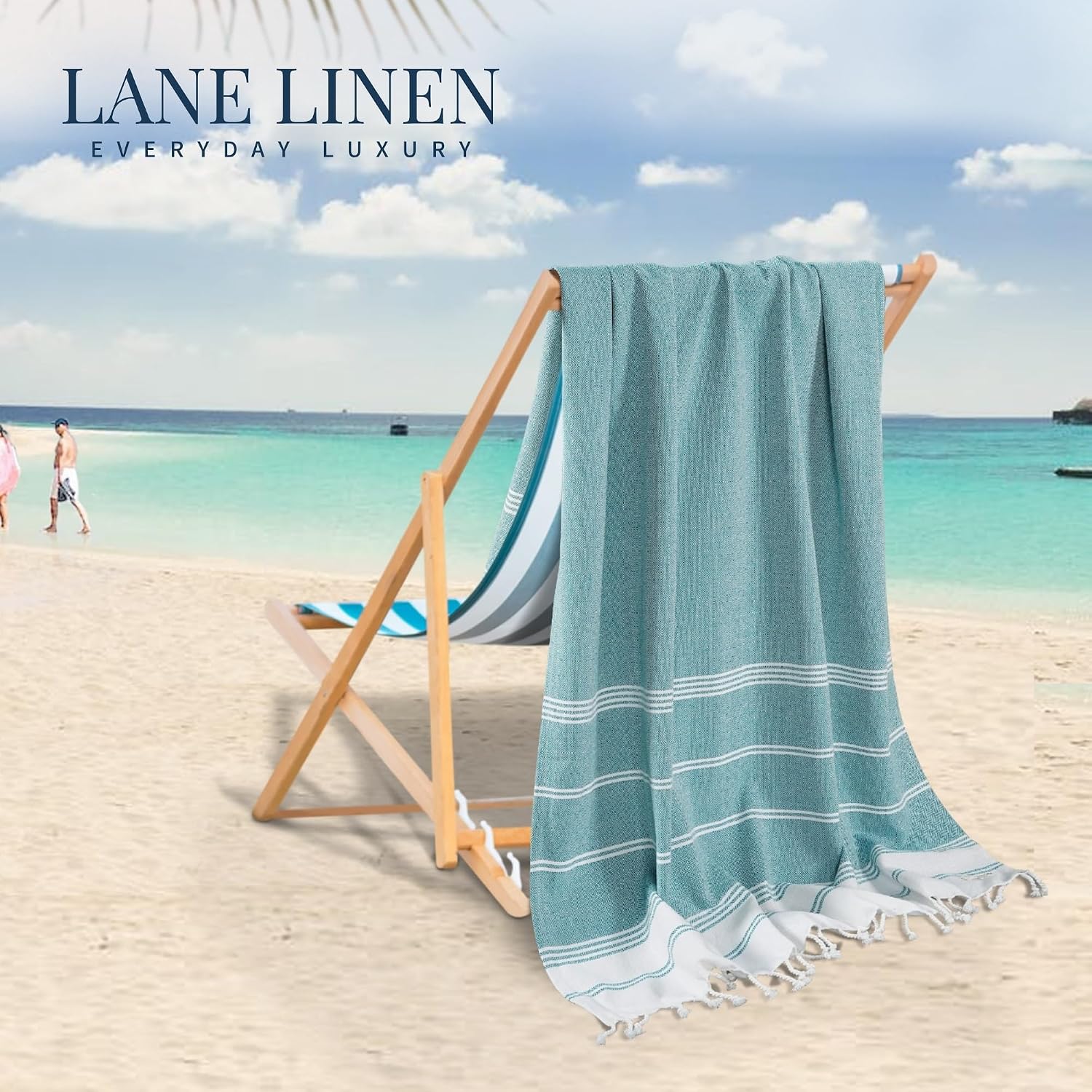 Lane Linen 100% Cotton Beach Towel With Bag Towels Oversized Pool Absorbent Extra Large Quick Dry Sand Travel Towel - Baltic (2 Piece)