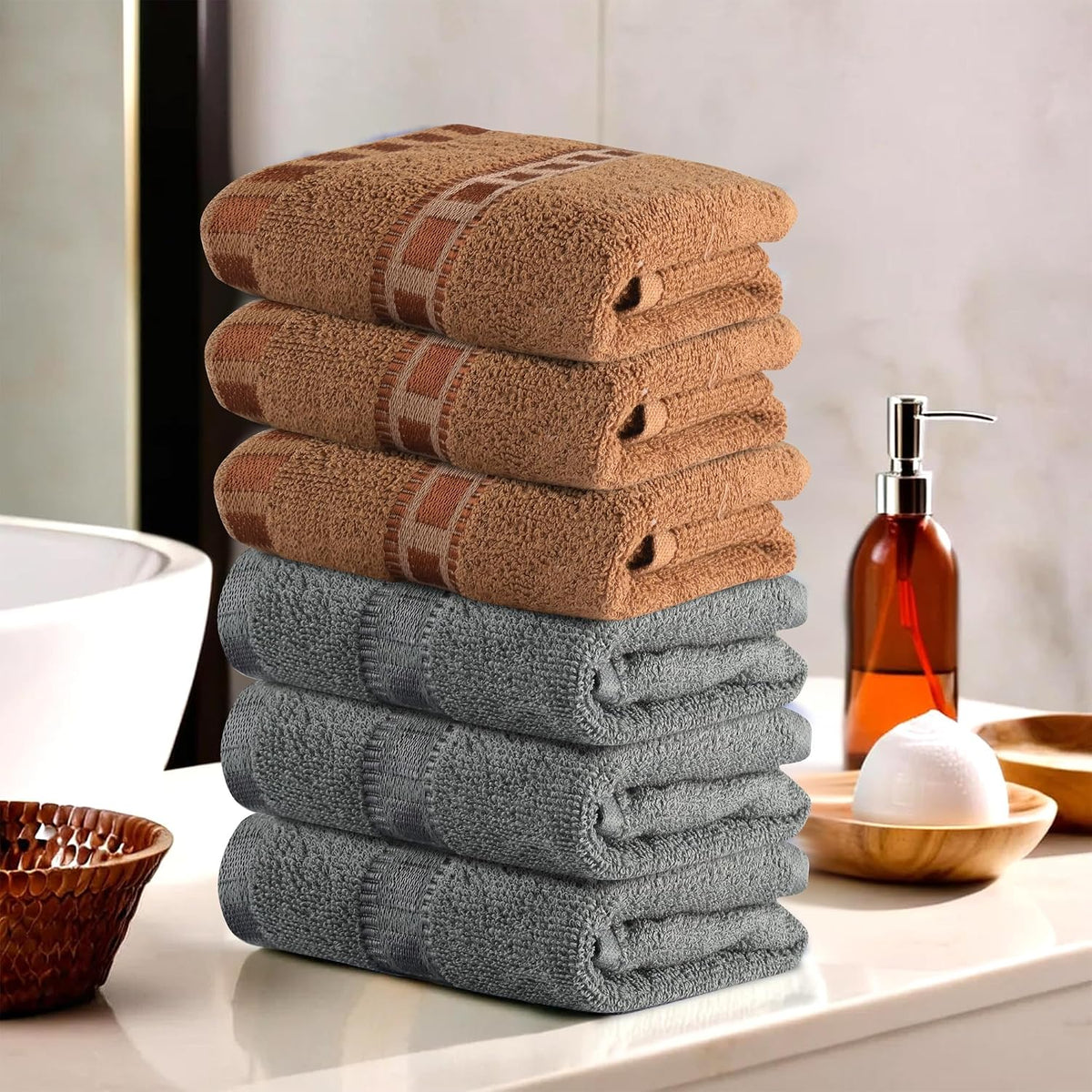 Heart Home Cotton Hand & Face Towels 1200 Gsm | For Men & Women Easily Washable Workout Gym Towel - Grey & Golden (Pack Of 6)