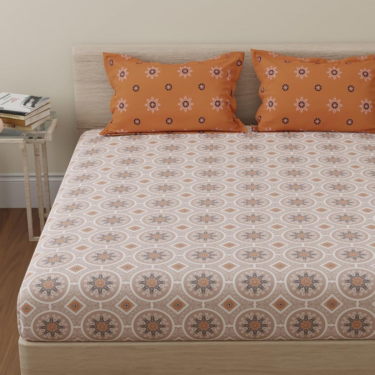 Printed Queen Size Bedsheet Two Pillow Cover - 88 X 96 Inches, Orange & Brown | Soft & Comfortable Sleep Experience | 144 Thread Count