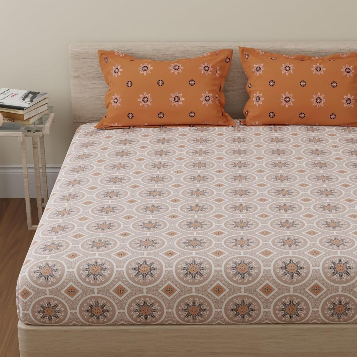 Bedsheet For King Size With 2 Pillow Cover - 108 X 108 Inches, Orange & Brown | Suitable For All Weather Season - 4 Pcs Bedding Set