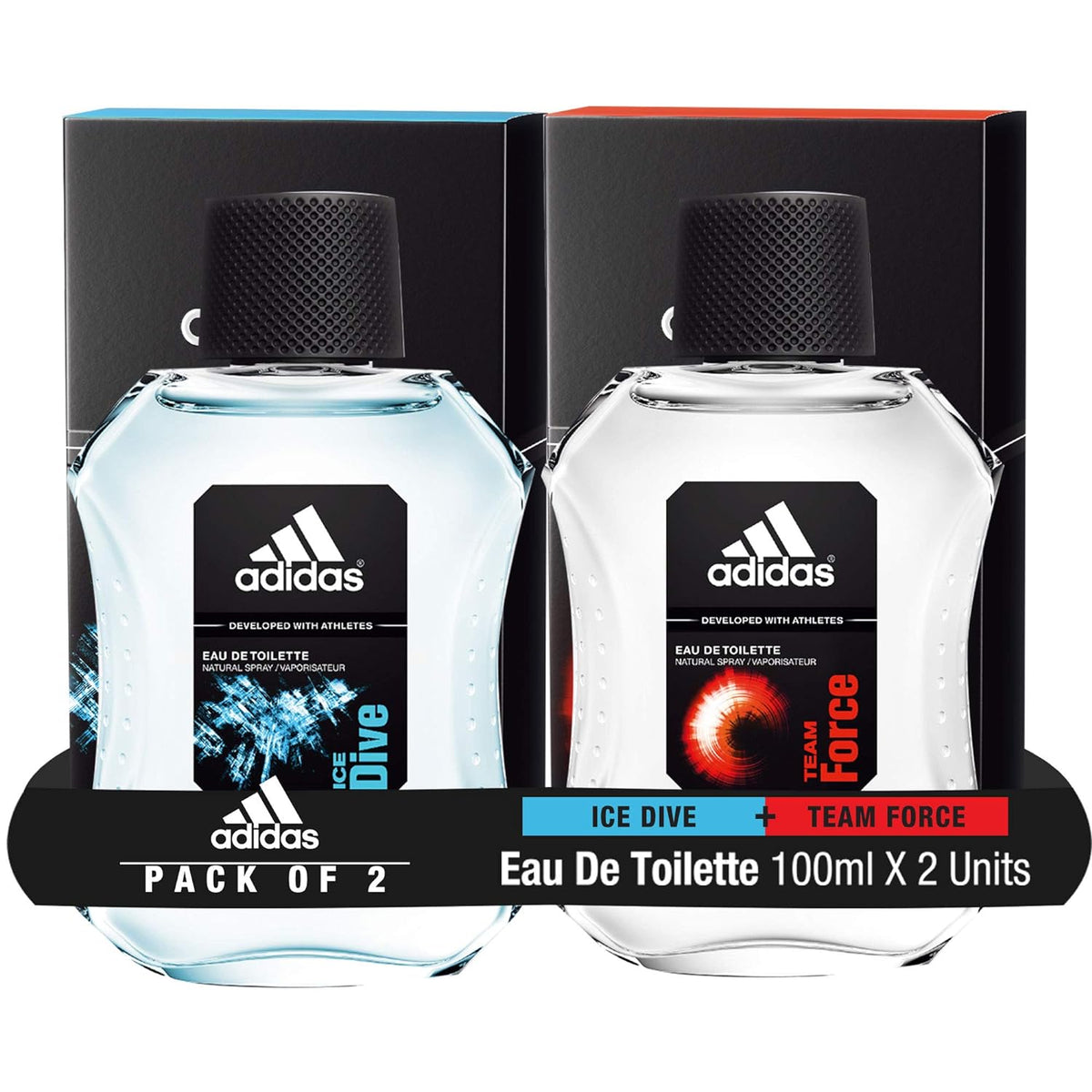 Adidas Ice Dive + Team Force Eau De Toilette Spray 100ml 3.4 Fl.oz. Each Pack Of 2 Developed With Athletes | Perfect Gift For Husband