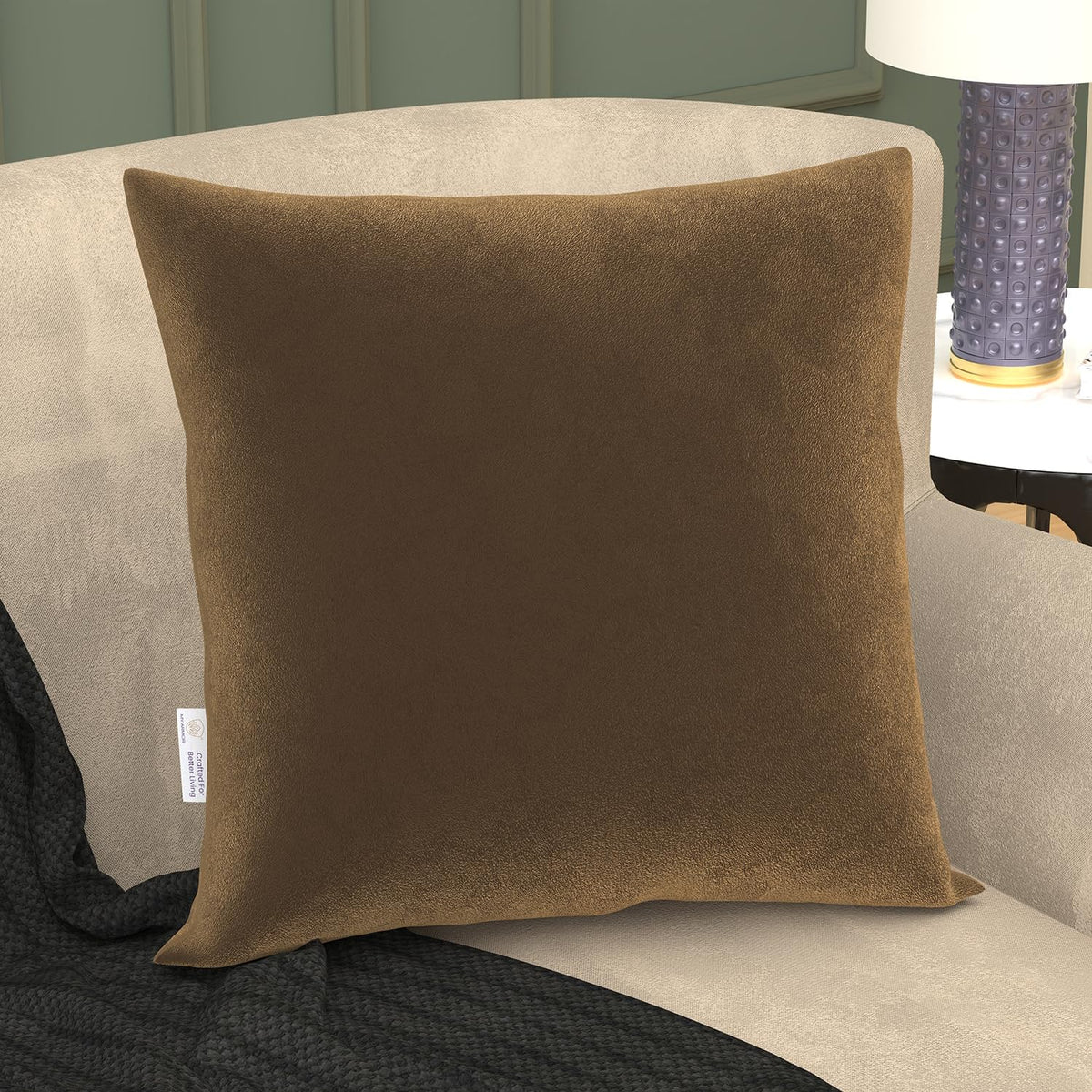 Microfiber Square Soft Pillow Cushion For Sofa & Bed, Brown - 24 X 24 Inch | Fluffy Pillow For Comfort & Back Support | Hypoallergenic, Washable | Premium Velvet Cover With Zip - Pack Of 1