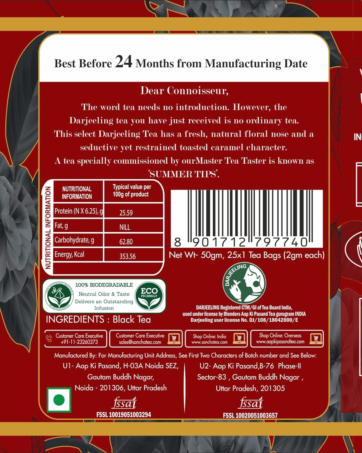 San-Cha Dark Roast Darjeeling Tea - 25 Silky Tea Bags | Select Floral Notes & Hints Of Caramel - Golden Orange Pekoe Tea | Medium Caffeine