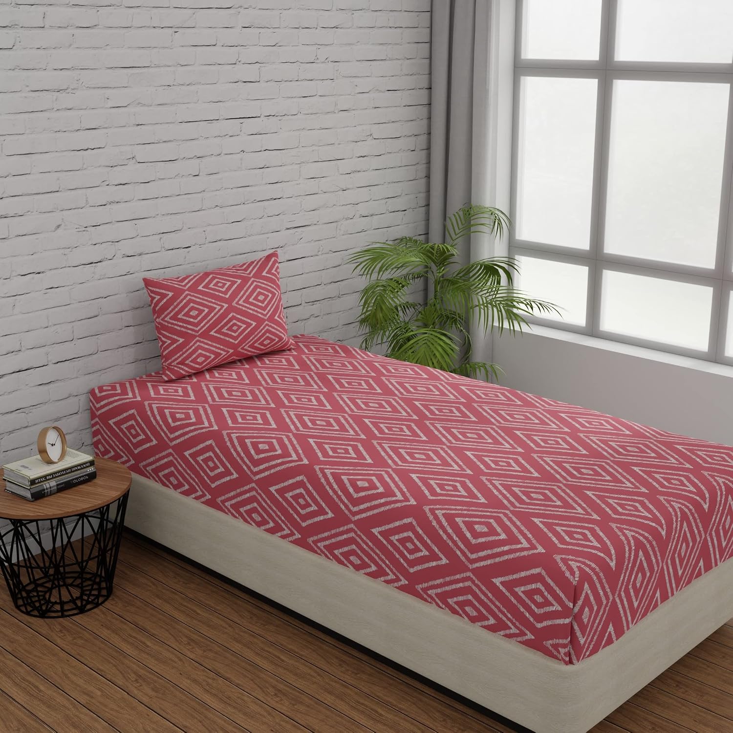 144 TC Single Bedsheet Elastic Fitted Pure Cotton With 1 Pillow Cover - 36 X 78 Inches, Peach Pink | Breathable & Wrinkle Free Bedsheet