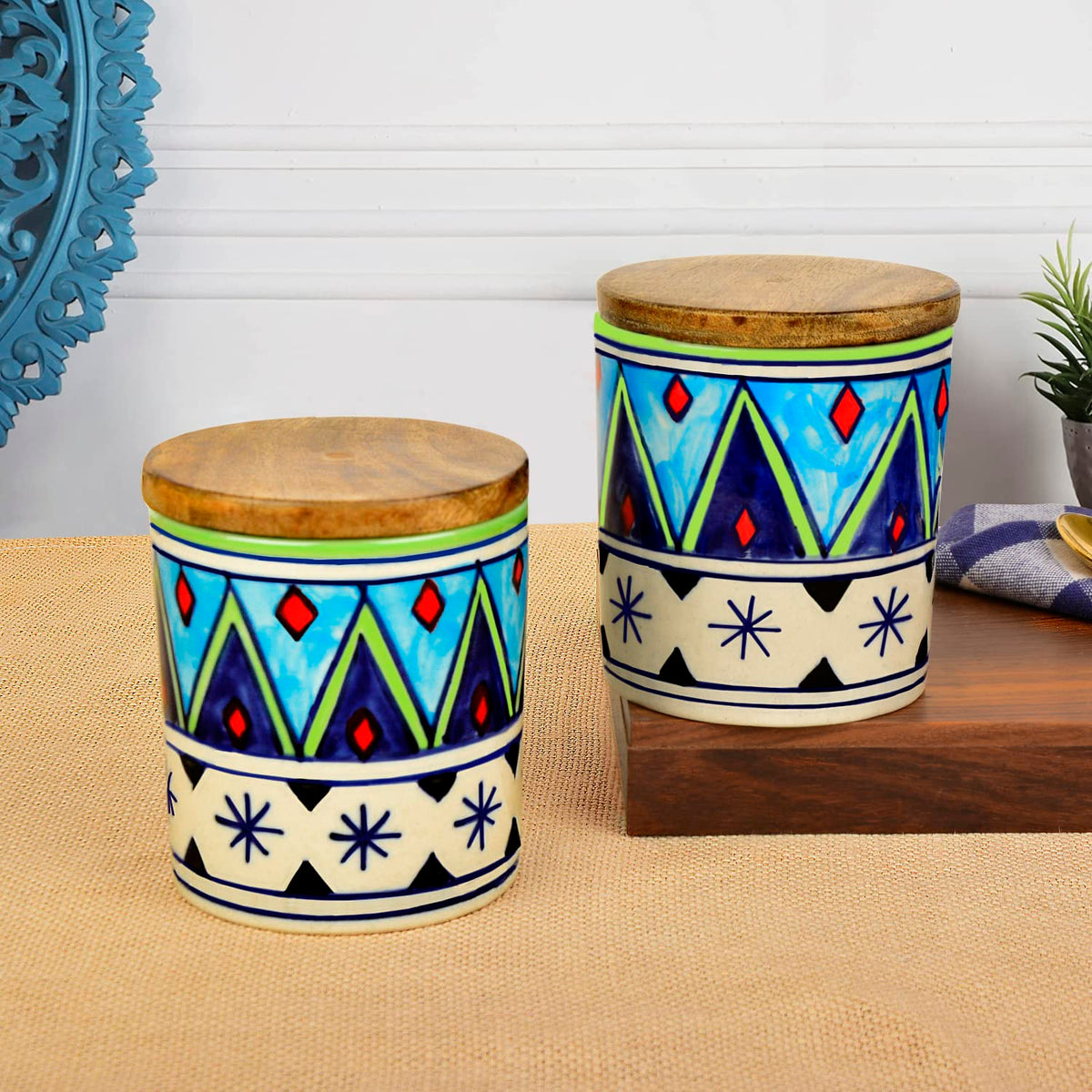 Hand Painted Multi Utility Storage Ceramic Airtight Jar With Sheesham Wooden Lid Set Of 2 - 300ml Each, Multicolor | Airtight Ceramic Container, Cookie Jar - Pickle Storage Jar