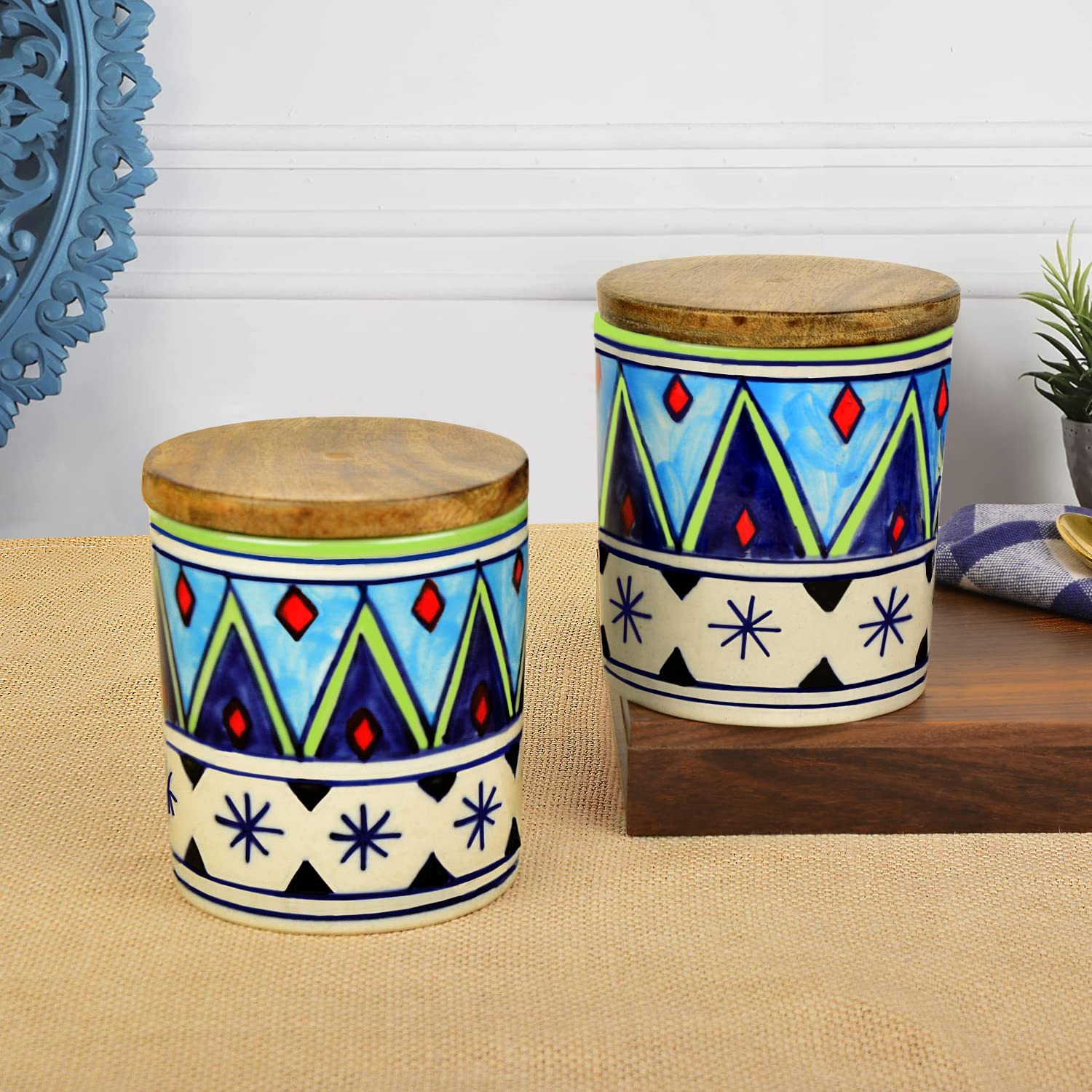 Hand Painted Multi Utility Storage Ceramic Airtight Jar With Sheesham Wooden Lid - 300ml, Multicolor | Airtight Ceramic Container, Cookie Jar - Pickle Storage Jar, Pack Of 1