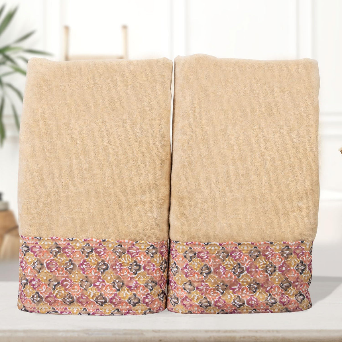 Rangoli Prima Dream 100% Cotton Lace Bath Towel 900 Gsm | Ultra Soft, Super Absorbent & Eco-Friendly Hanging Bath Towels (Beige) - Pack Of 2