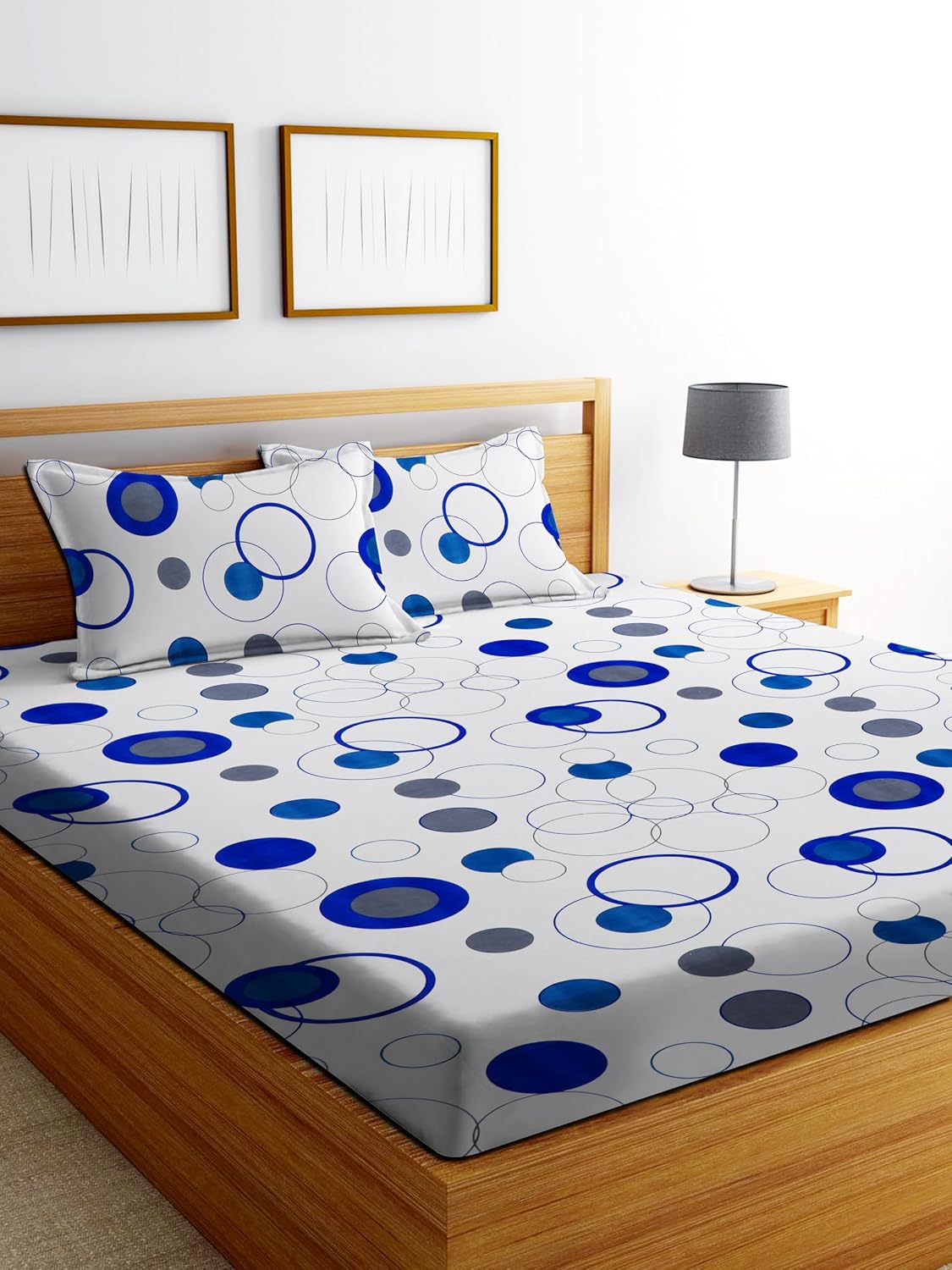 Printed Double Bedsheet 2 Pillow Covers - 72 X 78 Inches, White & Blue | All Around Elastic Fitted Soft & Durable Bedding For Bedroom - Lightweight Perfect For All Seasons