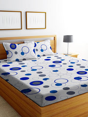 Printed Double Bedsheet 2 Pillow Covers - 72 X 78 Inches, White & Blue | All Around Elastic Fitted Soft & Durable Bedding For Bedroom - Lightweight Perfect For All Seasons