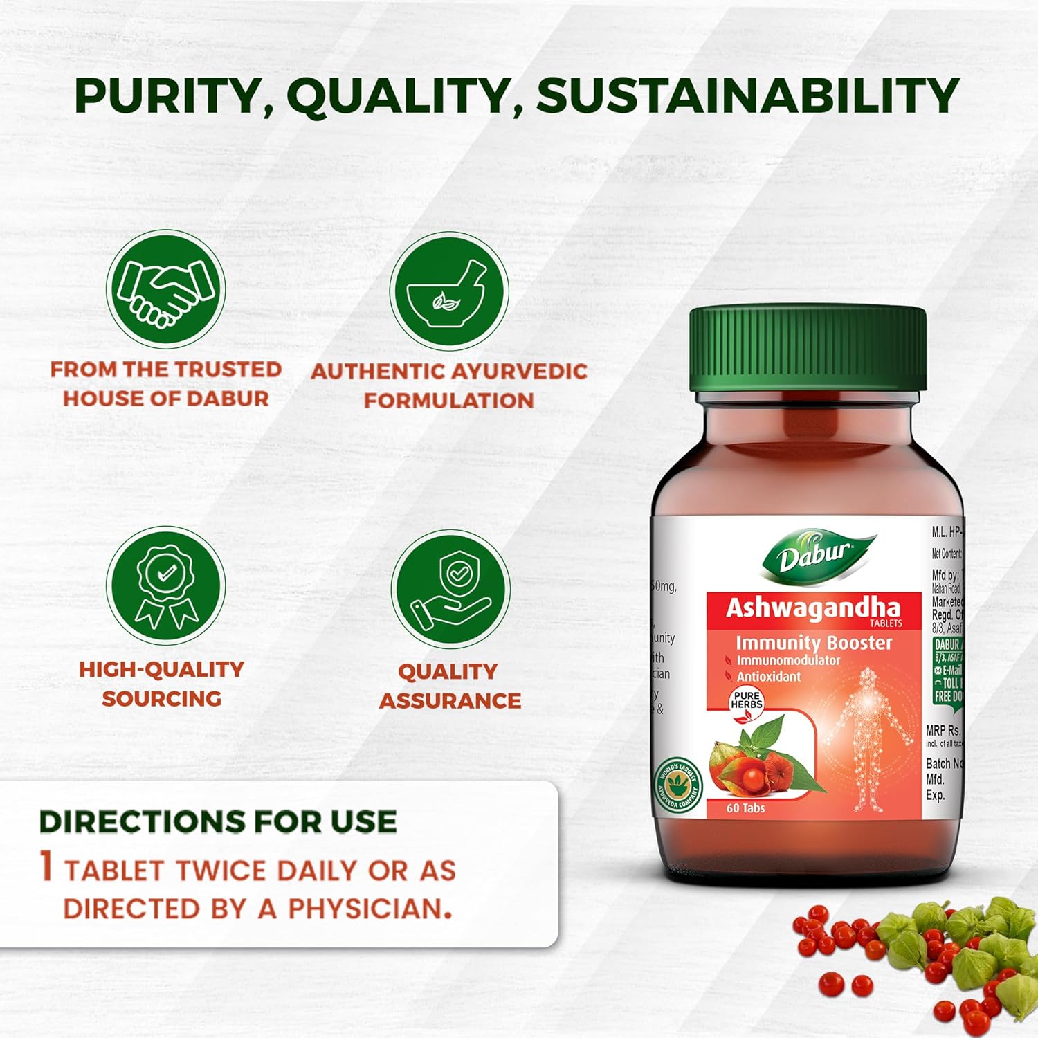 Dabur Ashwagandha Tablet Immunity Booster, Rich In Antioxidants, Helps In Blood Pressure & Other Symptoms | 60 Tablets 100gm 0.2lbs