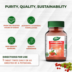 Dabur Ashwagandha Tablet Immunity Booster, Rich In Antioxidants, Helps In Blood Pressure & Other Symptoms | 60 Tablets 100gm 0.2lbs