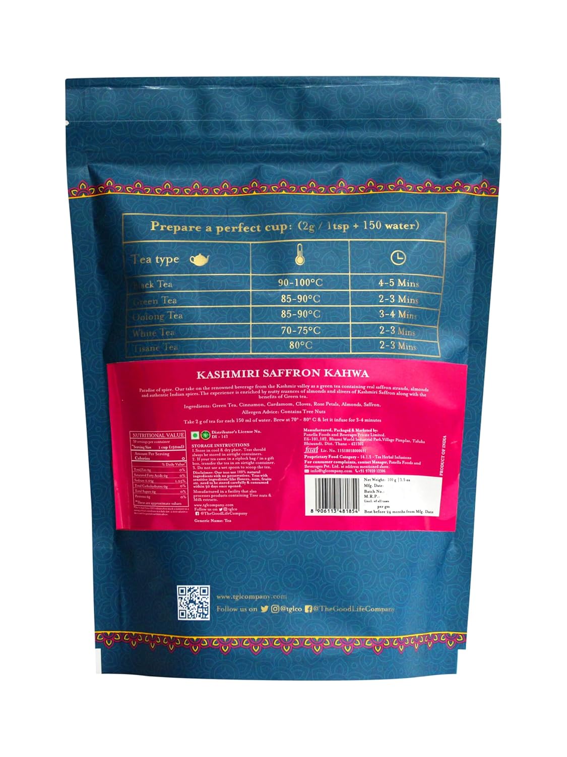 TGL Co. Kashmiri Saffron Kahwa Green Tea - 100gm, 3.5 Ounce | Enhance Digestion, Boost Immunity, Relieves Stress - Medium Caffeine, Rich In Taste