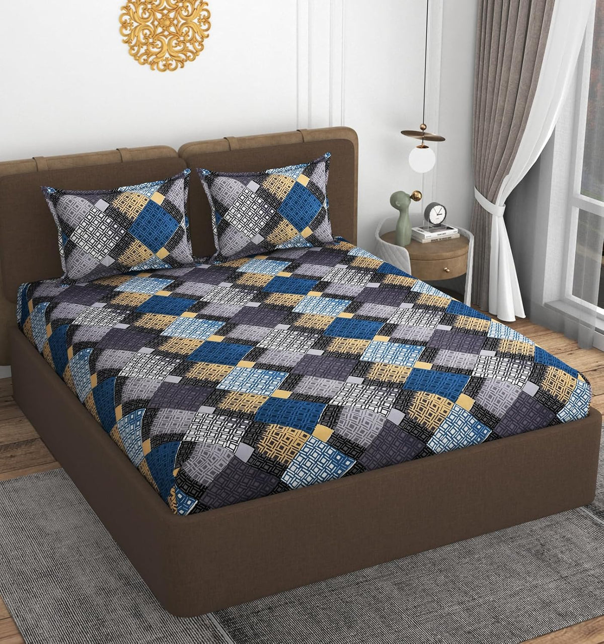 All Around Elastic Fitted Bedsheets King Size With 2 Pillow Covers | Double Size 72 X 78 X 10 Inches, Grey & Blue - Ideal For Hotel, House, Bedroom, Guest House