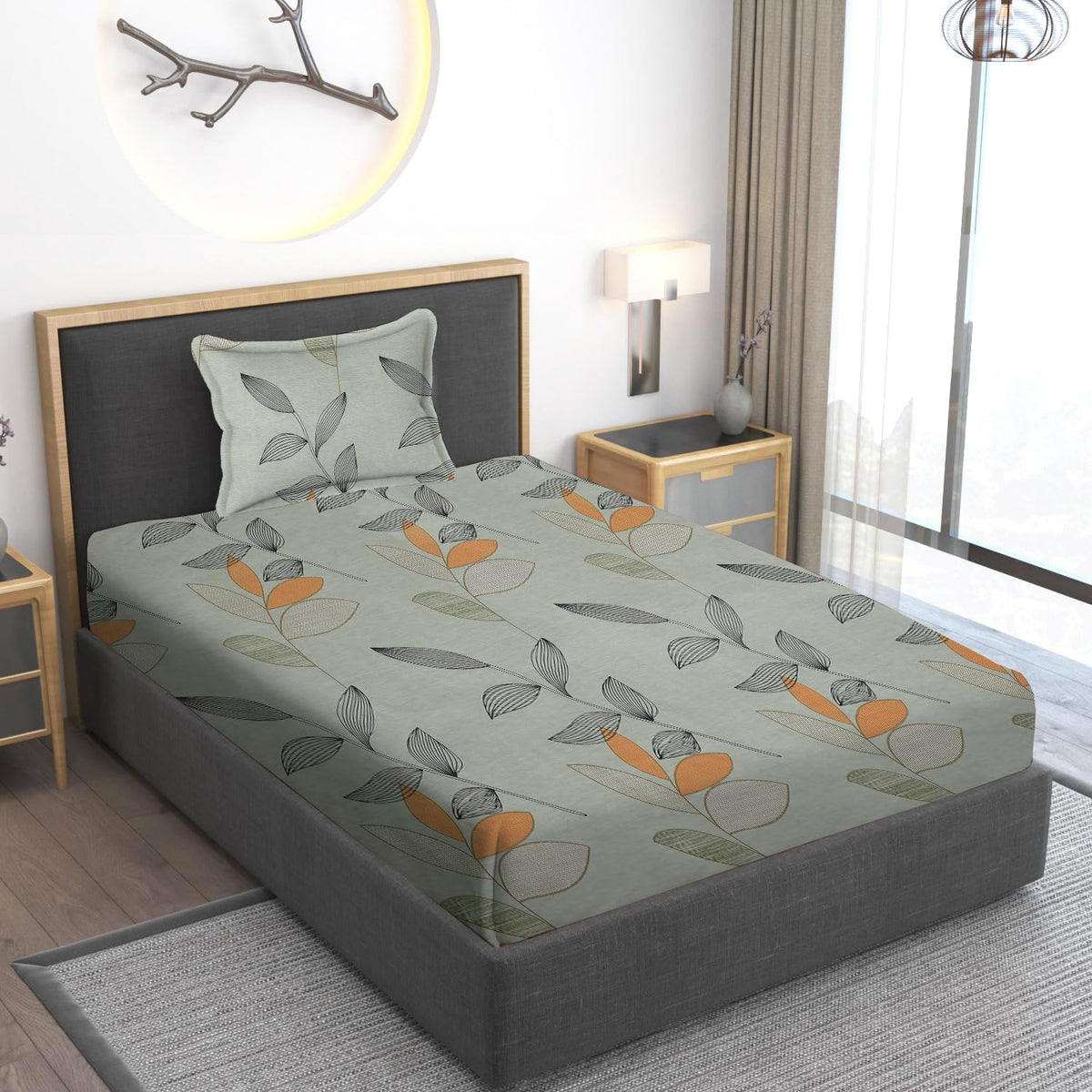 280 TC Print Cotton 1 Single Bedsheet With 1 Pillow Cover - 60 X 90 Inches, Green & Mustard | Soft & Breathable Fabric, Skin-Friendly Bed Sheet For All Seasons