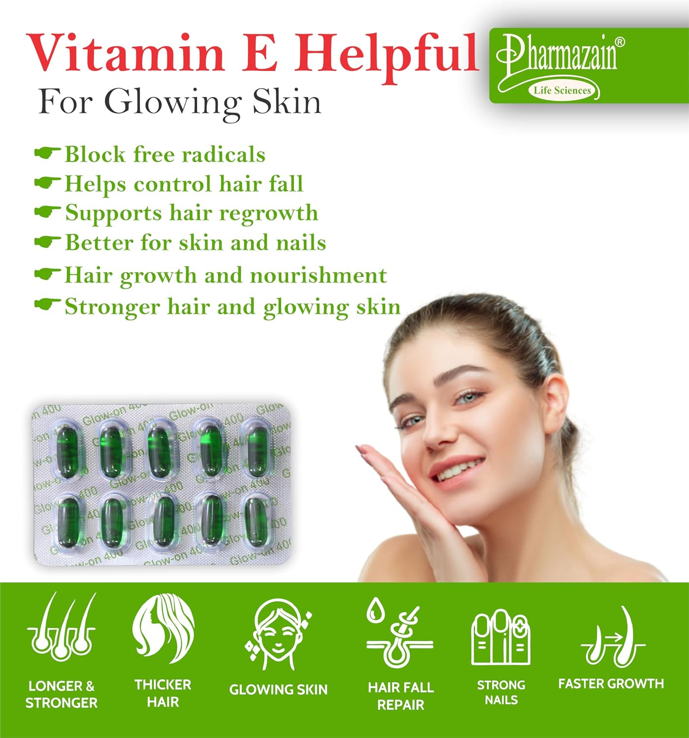 Pharmazain Life Sciences Vitamin E Capsules For Face & Hair | 400mg Vitamin E Capsule For Beautiful Glowing Face, Healthly Skin, Hair & Eyes Nutrition | 50 Capsules 5 Strips , 150gm 0.3lbs