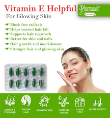 Pharmazain Life Sciences Vitamin E Capsules For Face & Hair | 400mg Vitamin E Capsule For Beautiful Glowing Face, Healthly Skin, Hair & Eyes Nutrition | 50 Capsules 5 Strips , 150gm 0.3lbs