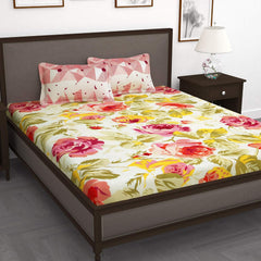 100% Cotton Double King Size Bedsheet With 2 Pillow Covers - 88 X 106 Inches, Pink & White | Soft & Durable For Everyday Use - All Season Comfort
