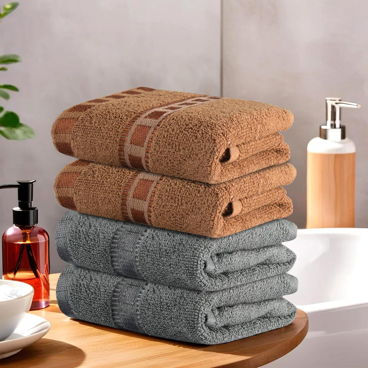 Heart Home Cotton Hand & Face Towels 800 Gsm | For Men & Women Easily Washable Workout Gym Towel - Grey & Golden (Pack Of 4)