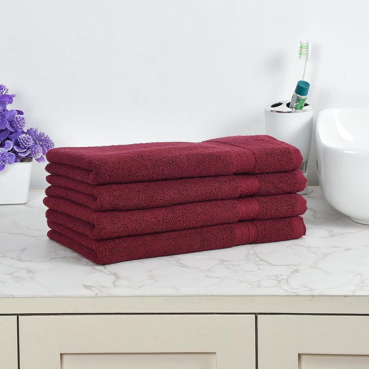 Fresh From Loom Luxury Fur Collection Hand Towel 500 Gsm Napkins Cotton High Absorbency Double Stitched Size (Wine) - Set Of 4