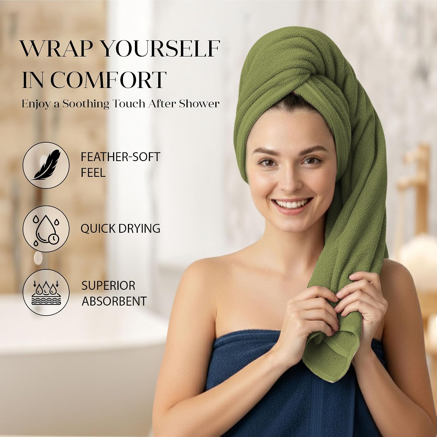 House Of Terry 100% Cotton Bath Towel 900 Gsm | Quick Dry, Fade-Resistant, Soft, Lightweight & Absorbent For Men & Women Large Size Towel (Blue & Olive Green) - 2 Pcs