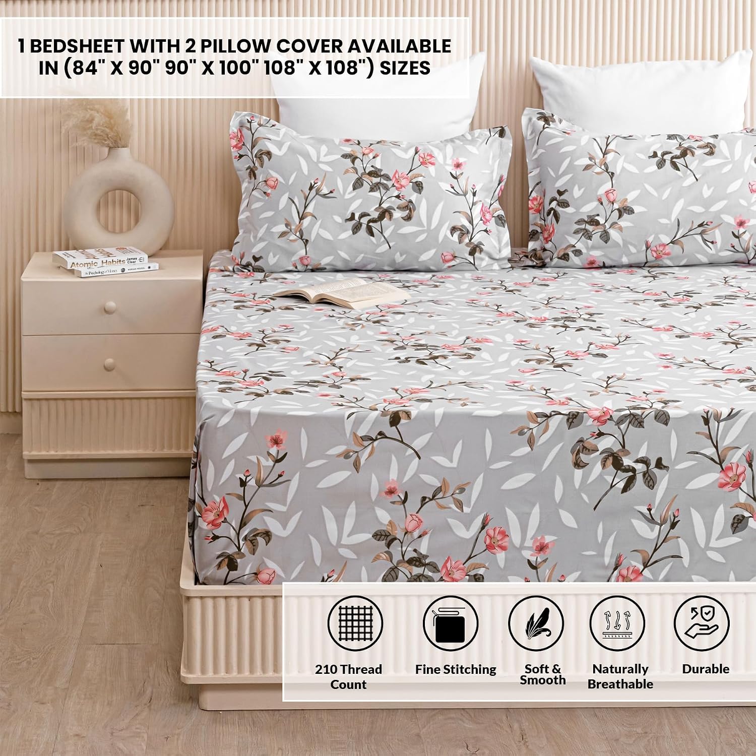 Cotton Bedsheets For Double Bed With 2 Pillow Covers - 90 X 100 Inches, Grey & Peach | Luxurious Printed Bed Sheets | Comfort Fabric Home