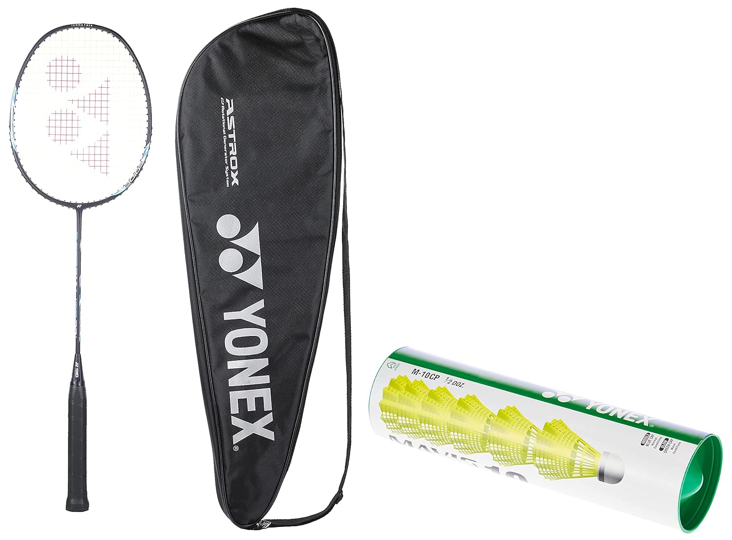 Yonex Graphite Badminton Racquet ASTROX LITE 27i G4, 77 Grams, 30 Lbs Tension, Colour - Blue, Grip Size - 3 3/4 Inches + MAVIS10 Nylon Shuttlecock, Yellow, Pack Of 6 (Green Cap)