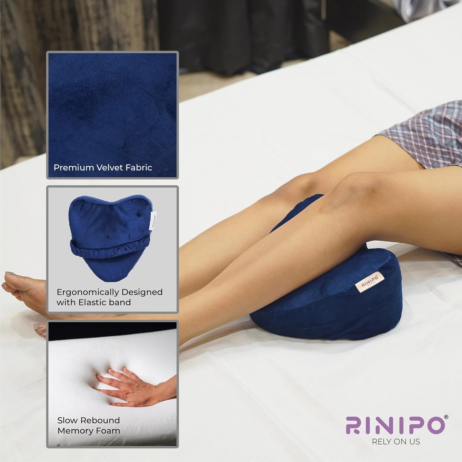 Memory Foam Knee Pillow For Sleeping, Leg Pillow For Pregnancy - Blue | For Back Pain, Side Sleepers, Sciatica & Knee Pain Relief | Knock Knee Pillow For Leg Support, Zipper Velvet Cover