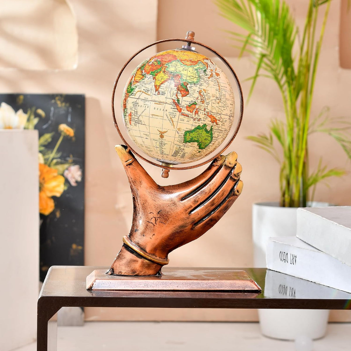 Home & Office Decorative Hand Globe Metal Table Top Showpiece Globe, Home Decor, Living Room, Bedroom, Showcase, Office Desk, & Gifting, Pack Of 1